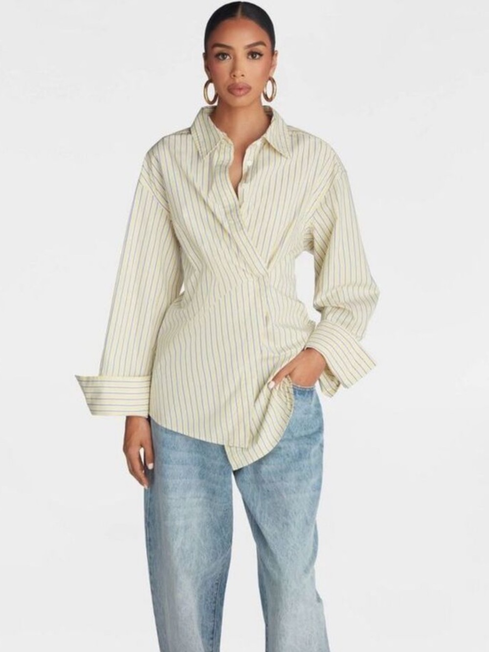 KBB by Kahlana Barfield Brown Striped Wrap-Style Button Shirt